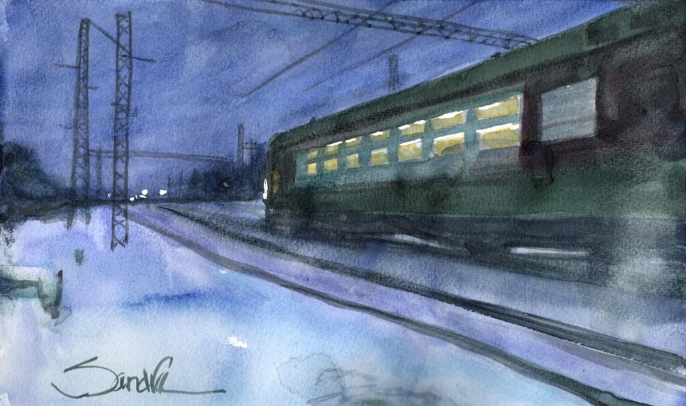 Cold Night Train : Signed LE Art Print : Sandra Watercolors™ California