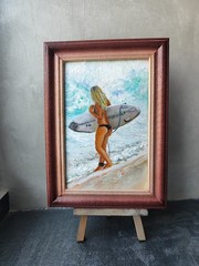Surfer Girl Oil Painting Original Beach Wall Art Impasto Female Surfing Canvas