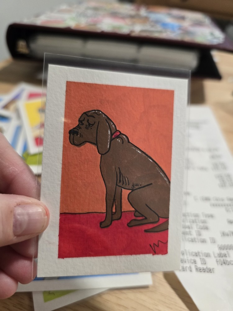 ACEO Original Painting Acrylic King Of The Hill Lady Bird Hill Hank’s Dog