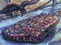 FLOATING FEAST Arthur Robins Original Oil NYC Cityscape Tugboat Birds Bridges