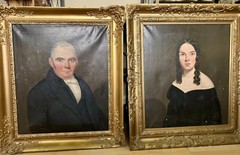 Pair 1860’s Painted Folk Art Portraits, Gilded Frames, Alexander, Mary McMullen