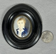 Antique Watercolor Portrait Miniature c1795-1805 Young Boy Ebonized Frame 3″