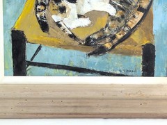 VTG Cat Painting Signed Leslie Randall Oil On Board Mid Century CT Artist 25×24