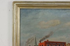 Harbor & Boats Antique Original Oil Painting, Miller 32.5″ #51894