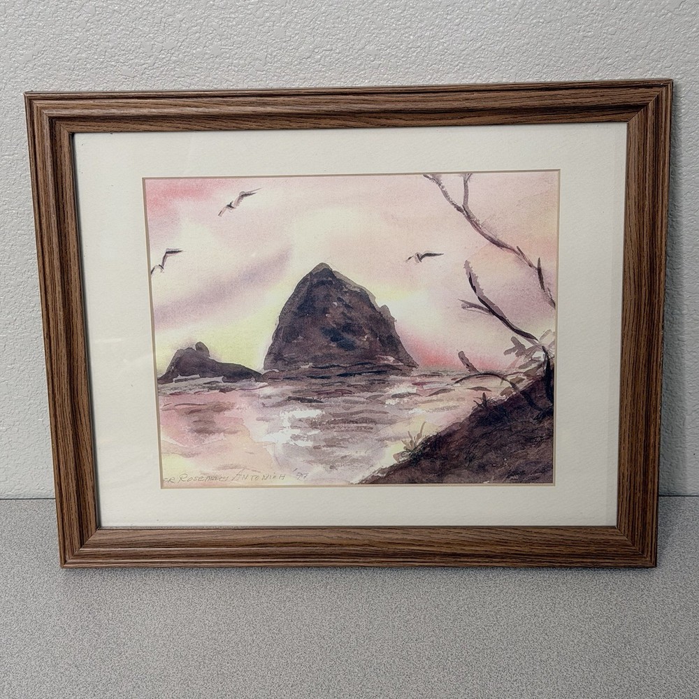 Framed Watercolor Print Signed Cannon Beach Haystack Rock OR Vtg 1997 Framed