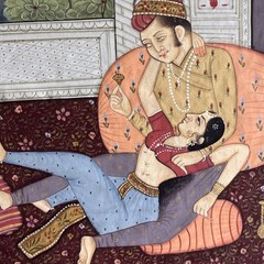 Indian Miniature Painting Of King & Queen Love Scene Art On silk 14 x 19 Inches