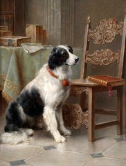 Oil painting dog seated in sitting room Waiting for its owner canvas
