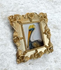 American Pelican watercolor print in mini gold vintage style ornate frame