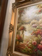 Beautiful European garden scene oil on canvas Framed￼ 27 1/2 “wide￼ 31 1/4 Tall