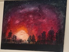 Acrylic Painting on Canvas Abstract Modern Sunset Forest Trees Sky Stars Art