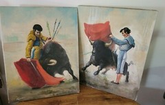 Two Vint. Spanish Bullfighter Oil On Canvas Picture Painting Signed ~Napoli Tamo