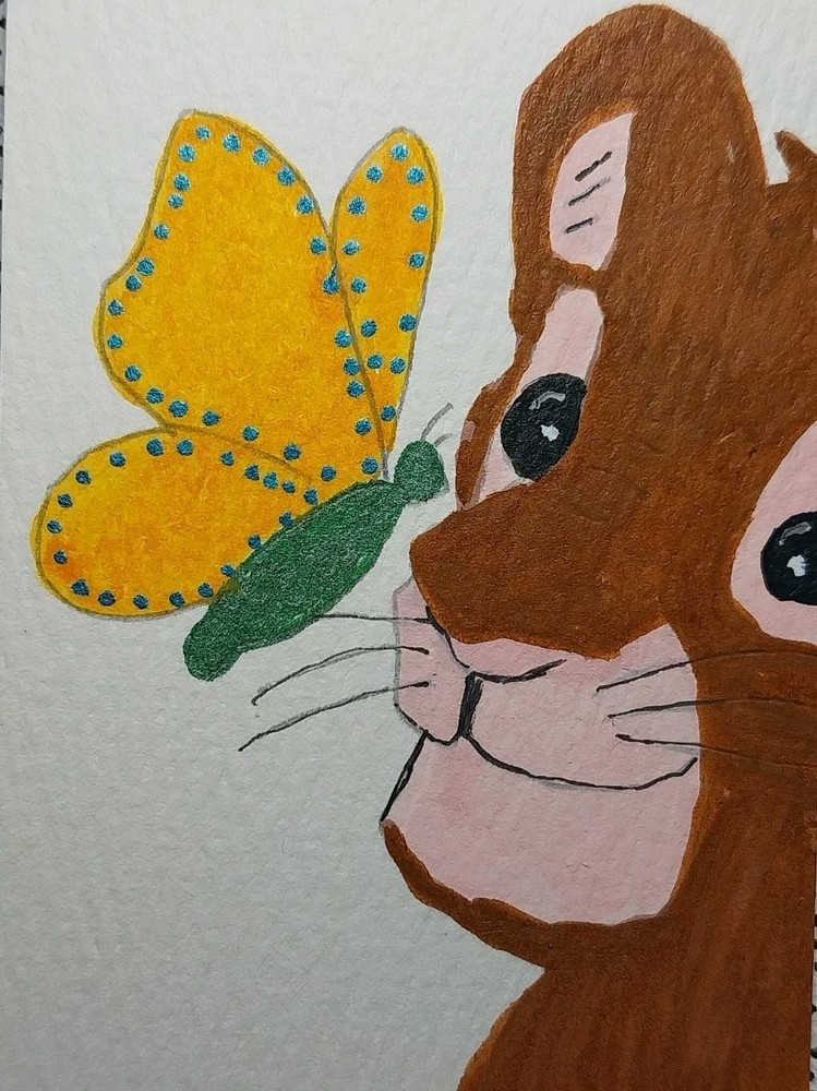 ACEO Original Art ATC Painting Jungle King Lion Butterfly Whimsical Animals