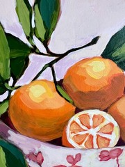Original Still Life Painting 10″x10″ Acrylic on Wood Bowl of Oranges, Citrus Art