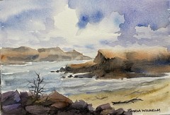 5×7” Pamela Wilhelm Original Watercolor The Headlands Beach Rocks Clouds Surf