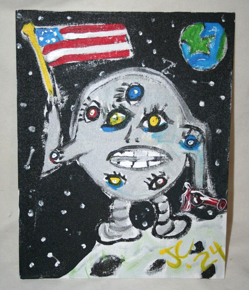 MOON MAN PAINTING AMERICAN FOLK ART by Jr CHARLIE FAST OUTSIDER POLITICAL POP