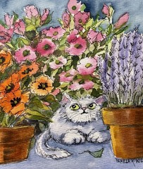 5.75×8”Pamela Wilhelm Original Ink & Watercolor Poppies Pansies Lavender Cat