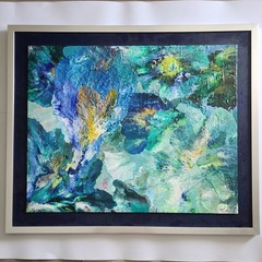 Original Abstract Fluid Art Painting Acrylic Pour Blue Green Gold 30×36 Framed