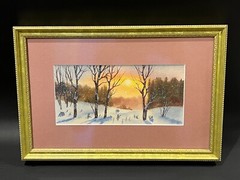 Original Watercolor Winter Snow Sunset Landscape, Framed, 9″ x 4 1/2″ (Image)