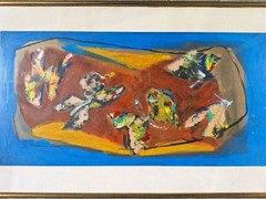 Antique Oil Painting Abstract Scene, Framed Vintage Expressionism 1940-1960