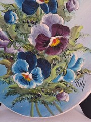 Lovely Vtg Pansy/Floral Oil Paintings Pair on Oval Shaped Wood; 2 Pc;Artist Sign