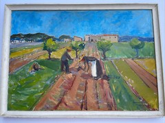 ANTIQUE Farm Farming Painting Impressionism Modernism 1950’s Mid Century Oil