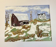Vintage Signed Oil Painting Farmhouse & Barn Winter Homestead 17 X 21” Framed