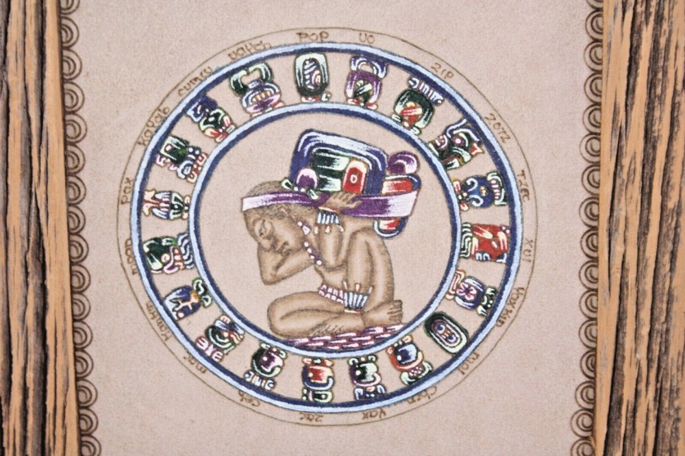 Hand Painted 7″ Mexico Mayan Solar Calendar el calendario may solar Leather Art