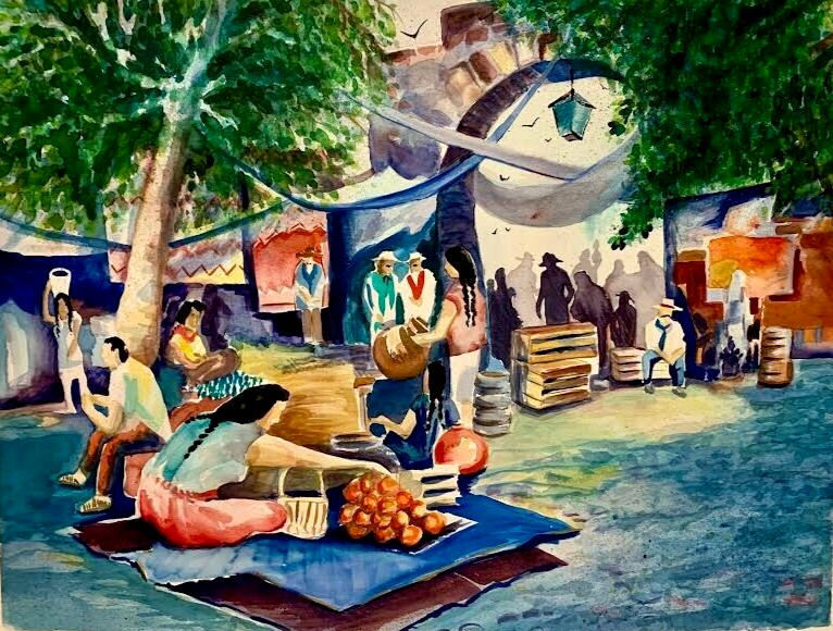 Vintage 36″x 22″ Watercolor Painting Mexico Street Market Scene Impressionism
