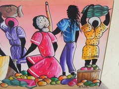 Caribbean Haitian or Jamaican art colorful oil painting figures signed D Roberts