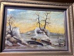 Large Antique „Winter Landscape With Figures Scene“ Oil Painting – Signed/Framed