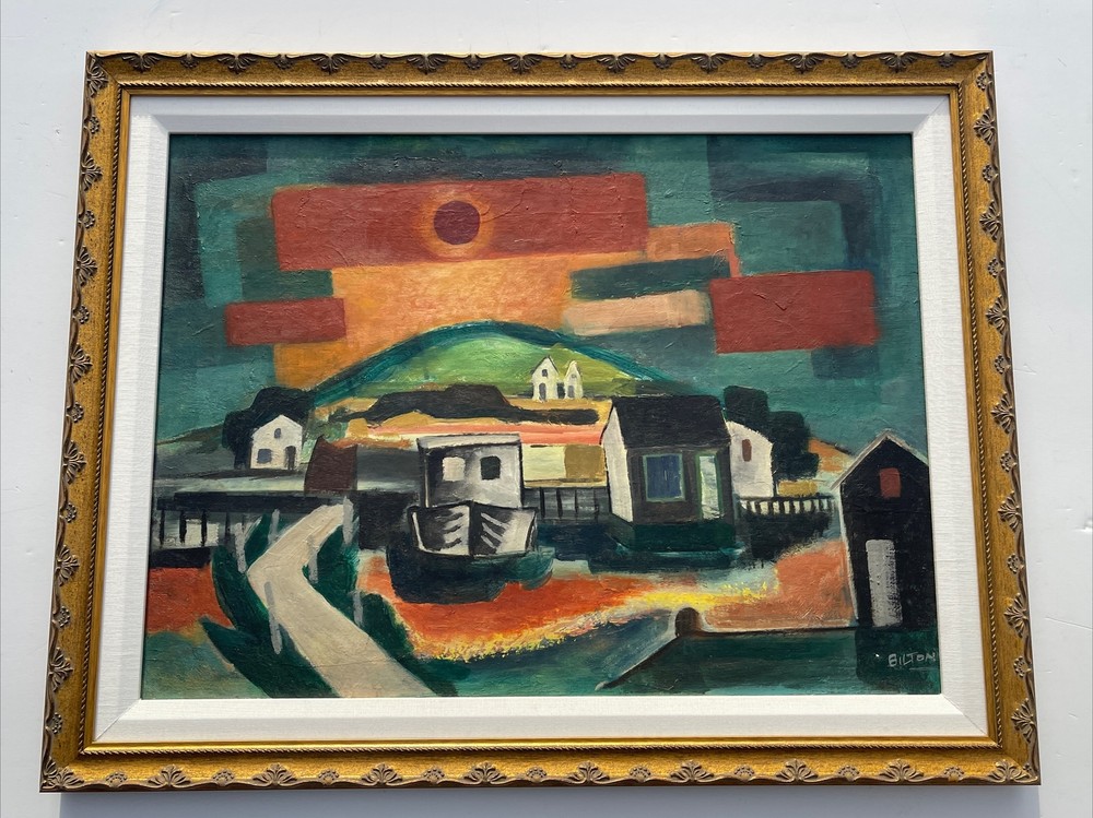 Mid Century Painting Sunset New Jersey Maurice Bilton Listed Famous Cubism 1950