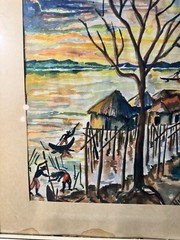 Vintage „Men By The Sea Scene“ Primitive Watercolor Painting – Signed And Framed