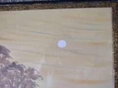 Vtg Asian Landscape Painting on Silk with Gold Wooden Frame, Signed