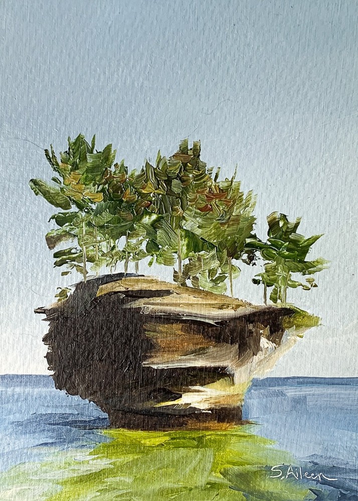5×7 Original Oil Landscape Painting Michigan Turnip Rock Great Lakes Art Signed