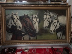 ANTIQUE AMERICAN SIGNED FRAMED OIL PAINTING ON CANVAS 5 WORK HORSE TEAM PORTRAIT