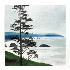 6×6 PNW Original Oil Painting Seascape Ecola Pacific Coastal Ocean Pines Signed