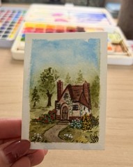 ACEO watercolor_with_g Cozy Cottage In The Woods With Trees, Flowers Landscape