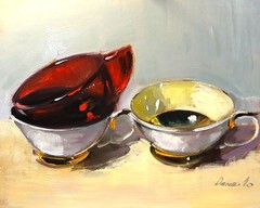 vintage cups white and red Still Life Oil painting collectible art UKRAINE8x10