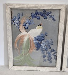 1950s MCM Birds Of Paradise Original Paintings Silverboards Pair 12.5″x15.5″