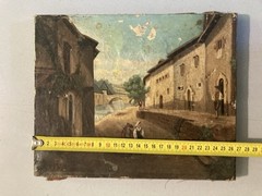 Painting Oil on Canvas Village Xixth 1850 Mountain Antique Painting Romantic