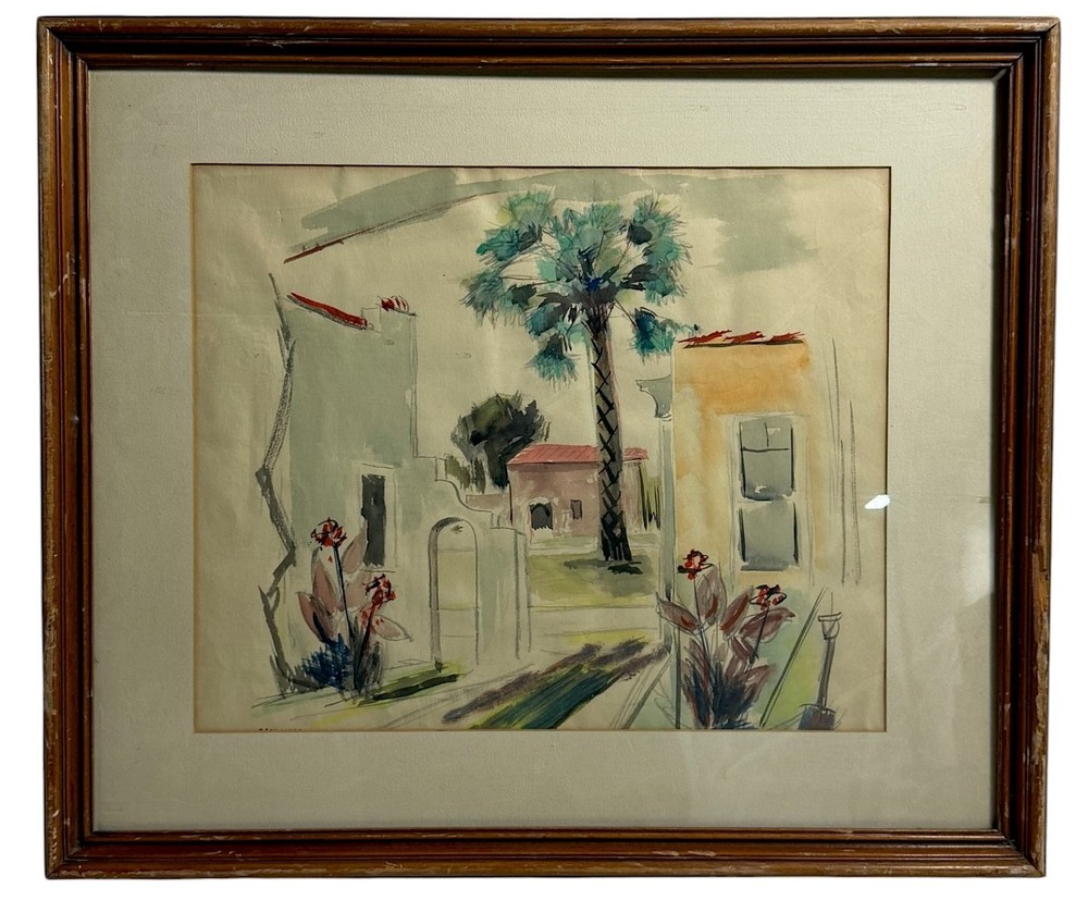 Vintage Palm Courtyard Watercolor Painting 23″ x 19.75″ in