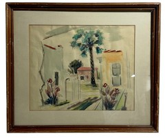Vintage Palm Courtyard Watercolor Painting 23″ x 19.75″ in