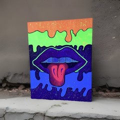 Original Pop Art Acrylic Painting – Neon Lips UV Reactive Blacklight Wall Art