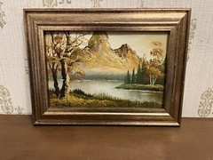 Vintage Landscape painting mountain River Trees Fall Orange Gold W8.75 L11.75