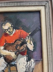 Mid Century Modern Painting Oil Guitarist Musician American Regionalism Signed