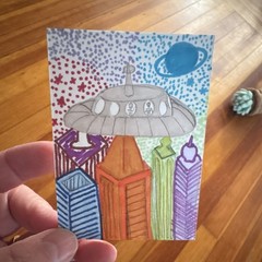 Miniature Colored Pencil Drawing on Paper – UFO Cityscape Planet, Unframed