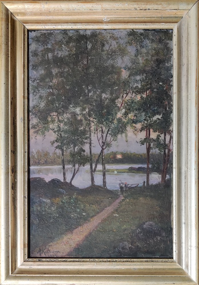 Anna Julia Kockum (1839-1921): BY THE LAKE, original oil painting, dated 1902