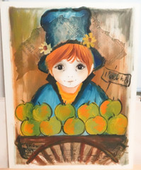 ROGER ETIENNE BOY SELLING APPLES ORIGINAL WATERCOLOR PAINTING PARIS 1969