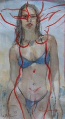 GERRY MILLER. “ Bikini Blue” watercolor painting on paper. 16.5 x30cm.