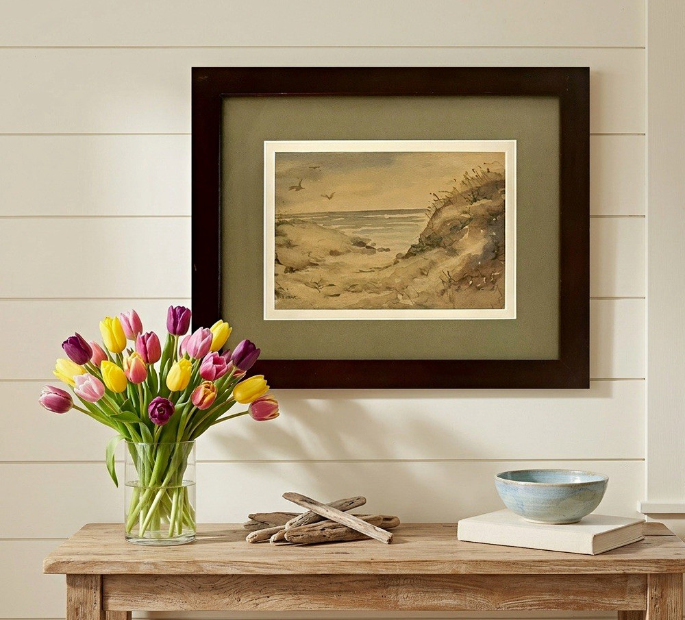 Original L. Moore Watercolor Painting Coastal Beach Dunes Seagulls Verso Sketch